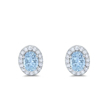 Stud Earrings Wedding Oval Simulated Aquamarine CZ 925 Sterling Silver (11mm)